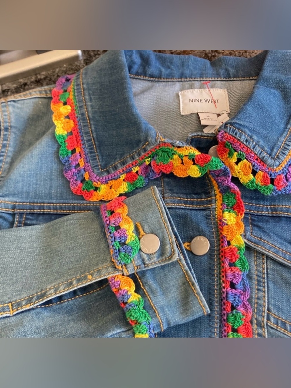 Nine West ‘20 Medium Cropped Denim Jacket Cottage Core Upgrade Colorful Trim